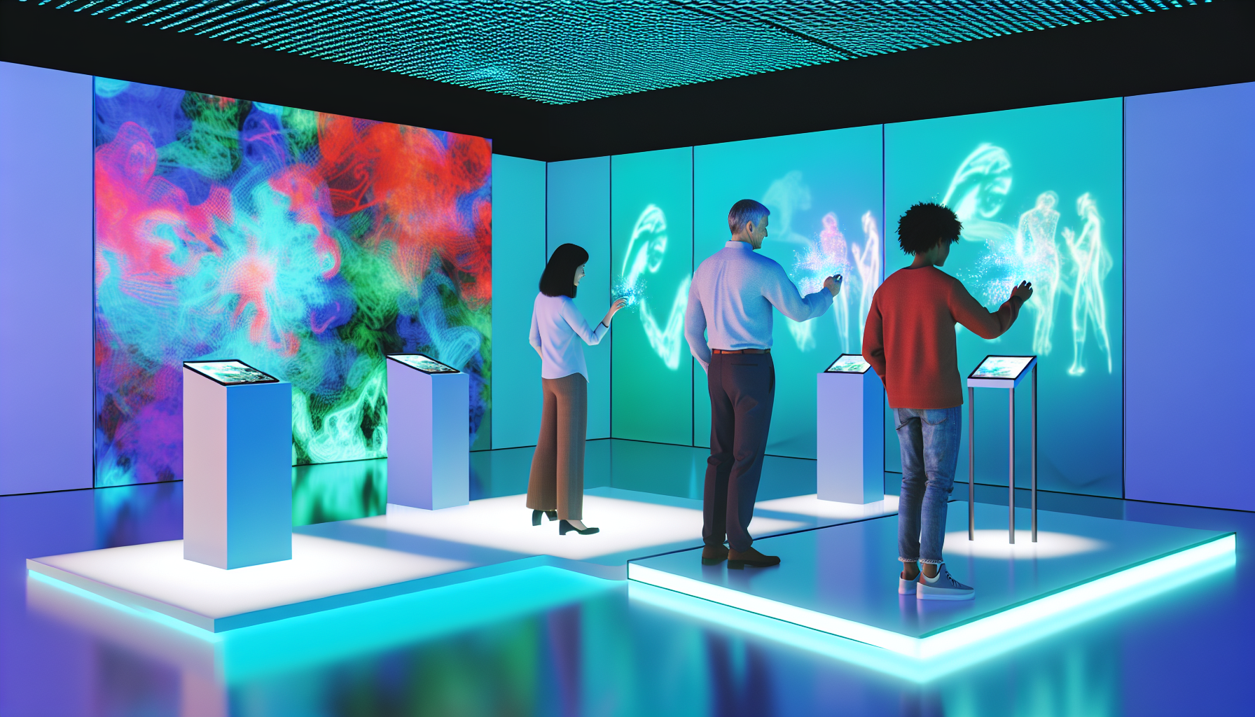 インタラクティブアート展の未来的な展示空間